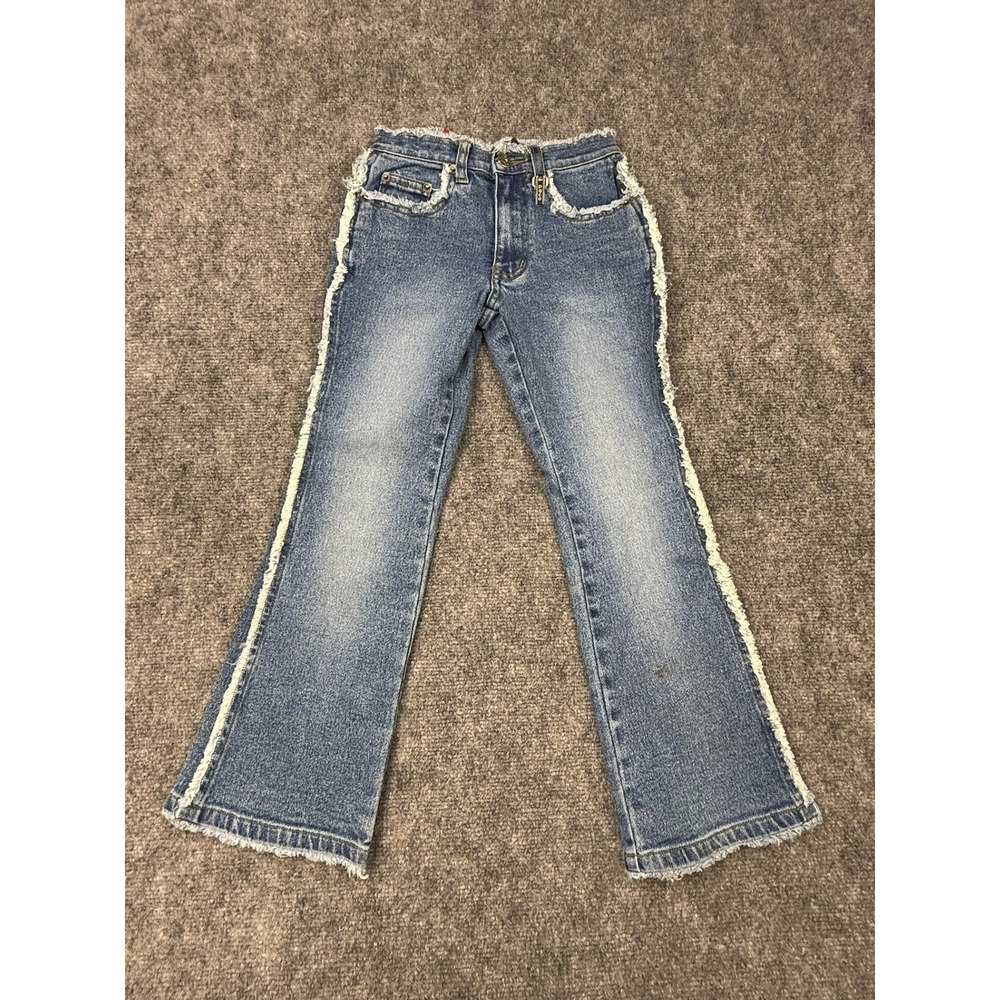Paco Jeans Girls Size 7 Dark Stone Sand Frayed Fringe Flare Denim GP5034 NWT